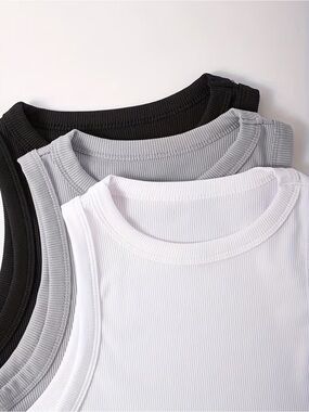 3 Ribbed Tank Top Set - White, Light Gray & Black